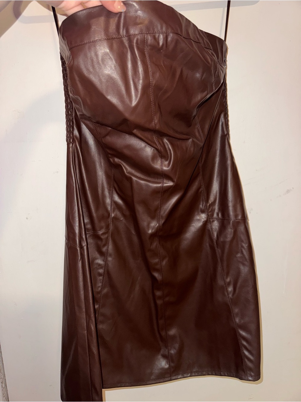 Strapless Chocolate Brown Faux Leather Mini Dress